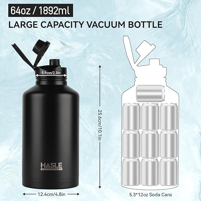 HASLE OUTFITTERS Half Gallon Insulated Water Bottles 64 oz, Stainless Steel Metal Water Jug with 2 Lids Keep Cold 48h/Hot 24h, Leak Proof & BPA-Free Water Flask Jug(Black,1)