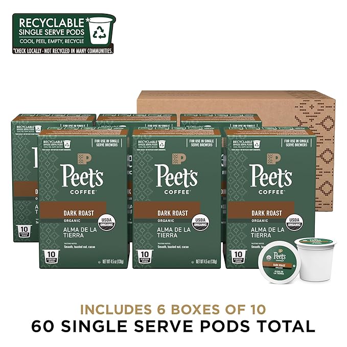 Peet's Coffee, USDA Organic Dark Roast Single Serve Coffee Pods - Alma de la Tierra 60 Count (6 Boxes of 10 Pods)