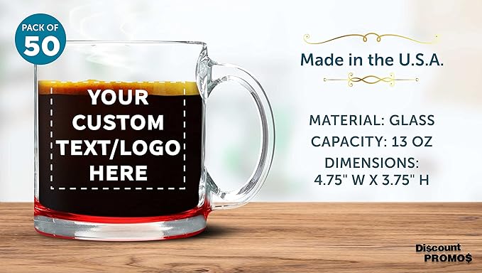 Custom Libbey Clear Glass Coffee Mugs 13 oz. Set of 50, Personalized Bulk Pack - Perfect for Coffee, Tea, Espresso, Hot Cocoa, Other Beverages - Red Bottom