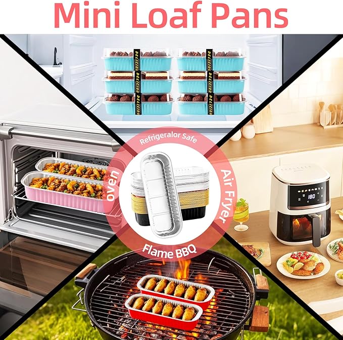 Mini Loaf Pans with Lids and Spoons Sealing Sticker,120 Pcs 6.8oz Cake Pans for Baking Disposable Aluminum Foil Red cake pan (mixed)
