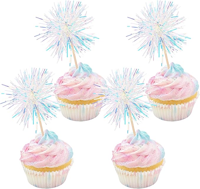 30 PCS Foil Firework Cupcake Toppers Happy Birthday Cupcake Toppers Sparkle Tinsel Flower Drink Stirrers Cocktail Fruit Toothpicks for Valentine's Day Baby Shower Party Cake Decor Supplies White
