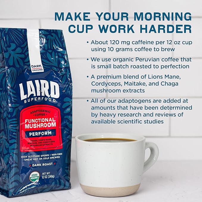 Laird Superfood Peruvian Dark Roast Coffee with Functional Mushrooms, Certified Organic Peruvian Ground Coffee Beans, Gluten-Free, Dairy-Free, Non-GMO, Paleo, Keto Friendly, 12 oz. Bag