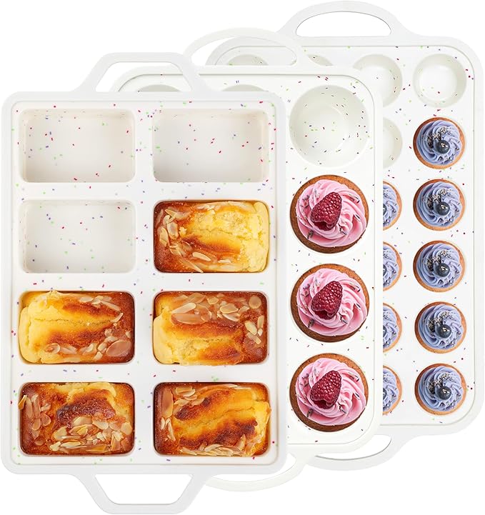 3 Pcs Silicone Baking Pan Set - Including Mini Loaf Pan, Standard Muffin Pan and Mini Muffin Pan - Silicone Cupcake Molds With Metal Reinforced Frame (Cream)