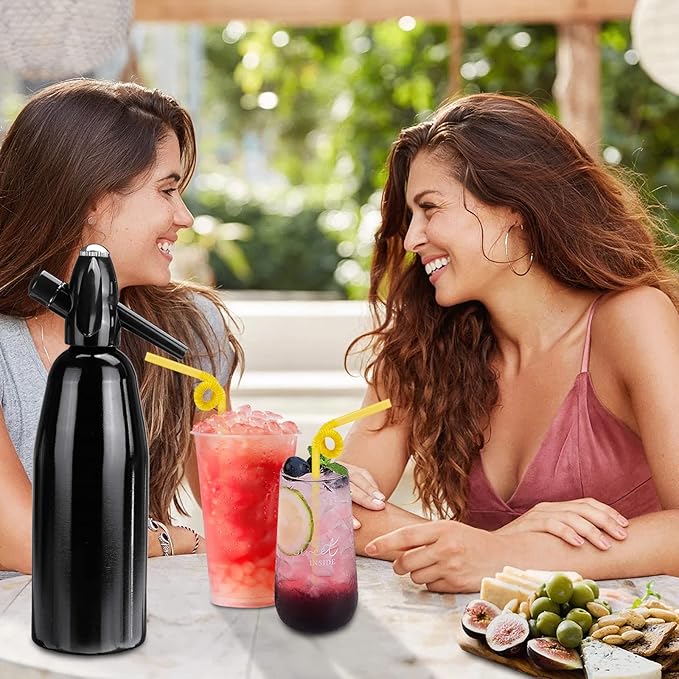 1L Portable Home Soda Maker – Aluminum Soda Siphon, Vintage Seltzer Bottle for DIY Homemade Carbonated Drinks, Sparkling Water Maker for Healthy Soda Water & Cocktails (Black)
