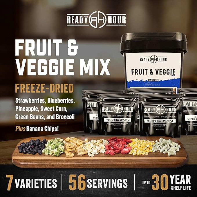 Ready Hour, Fruit & Veggie Mix, Non-Perishable Freeze-Dried Food, 30-Year Shelf Life, Portable Emergency and Adventure Food Supply, Durable Flood Safe Container, 56 Servings