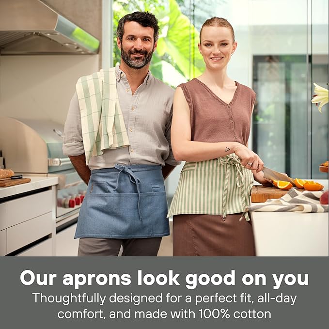 MEEMA Waist Kitchen Apron with Pockets for Women & Men | Server Cute Chef Aprons for Women with Pockets | Twill Adults Aprons for Cooking | Baking Apron