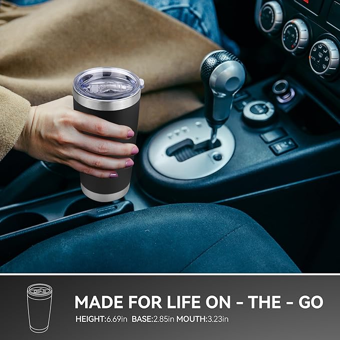 20 oz Tumbler Stainless Steel Tumblers Bulk with Lid Double Wall Insulated Coffee Tumbler Cups for Hot & Cold Drinks Powder Coated Travel Coffee Tumbler Mug Metal (Black, 1 pack)