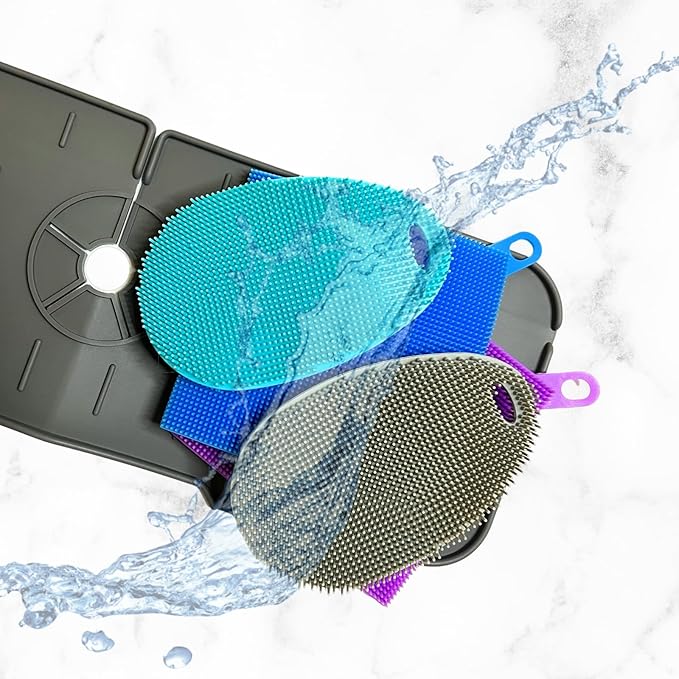 Faucet Mat for Sink - Silicone Scrubber Dish Set, Splash Guard, Food Grade BPA Free Kitchen Scrubber