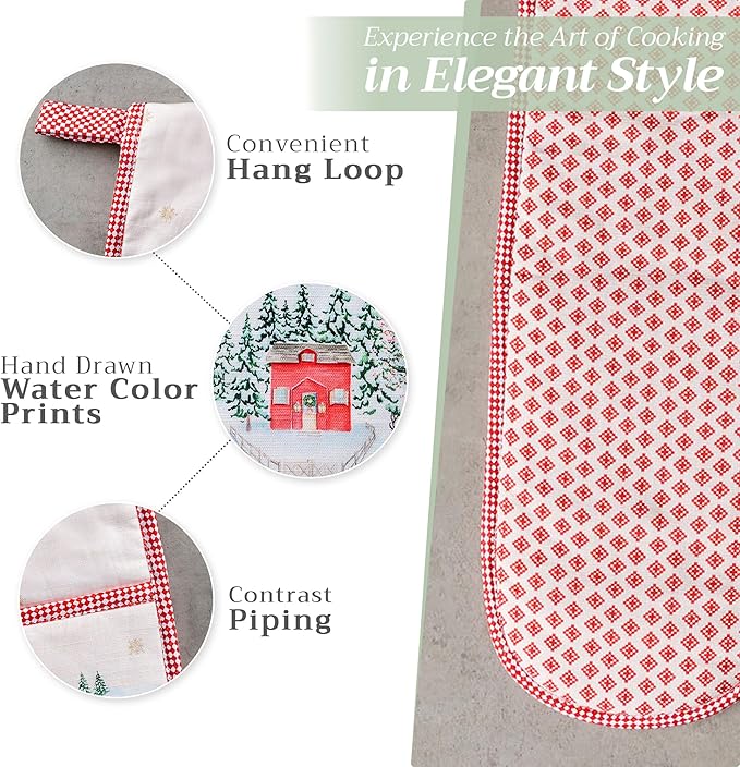 Maison d' Hermine Double Oven Mitts 100% Cotton 7"x35" Double Oven Mitt Heat Resistant BBQ Cooking Gloves with Loop, Baking, Grilling, Home, Kitchen, Handling Hot Pans (Rural Christmas)