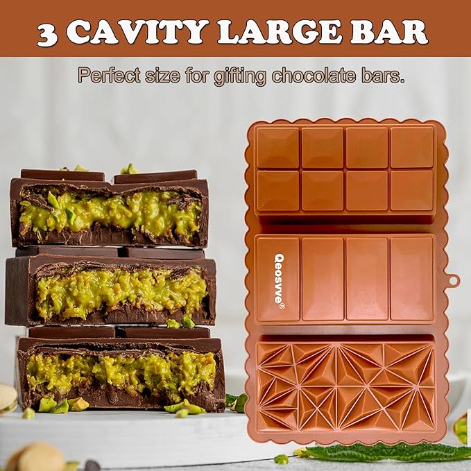 Deep Chocolate Bar Mold 1.2 inch Kataifi Pistachio Dubai Chocolate Bar Kit Thick Silicone Molds for Stuffed Bar Large Big Candy Bar Mould for Filling