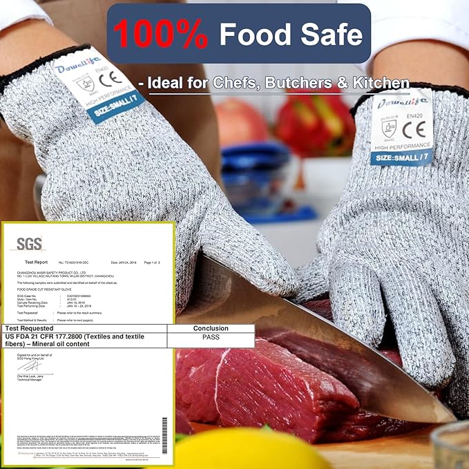 Dowellife Cut Resistant Gloves Food Grade Level 5 Protection, Safety Kitchen Cuts Gloves for Oyster Shucking, Fish Fillet Processing, Mandolin Slicing, Meat Cutting and Wood Carving. (Small-12 Pairs)