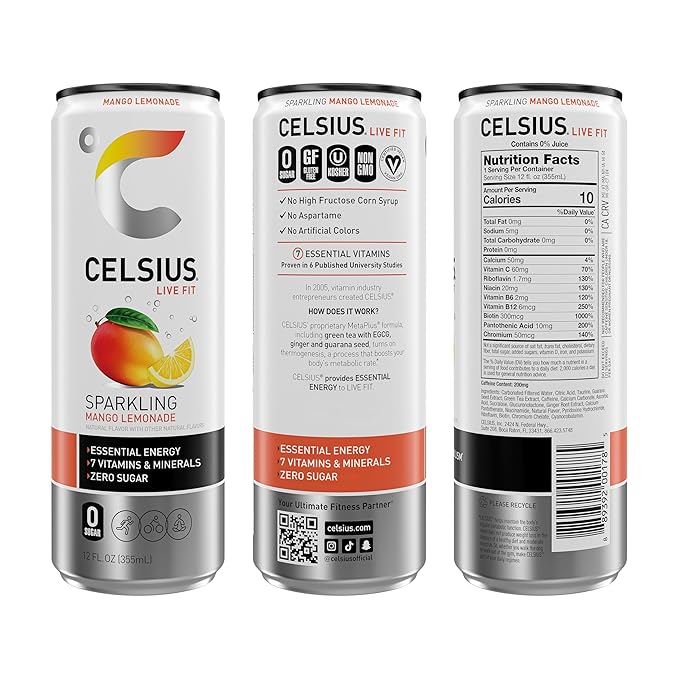 CELSIUS Sparkling Mango Lemonade, Sugar Free Energy Drink, 12 Fl Oz (Pack of 12)