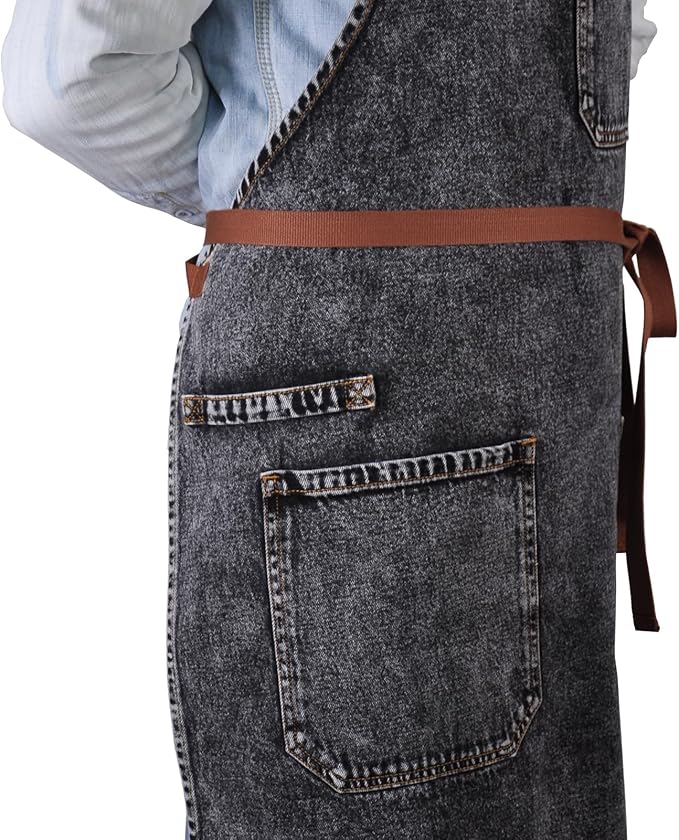 Denim Apron with Pockets, Mens Womens Professional Black Kitchen Bib Apron for Chef Cooking Grill BBQ, with Towel Loop and Adjustable Neck Straps