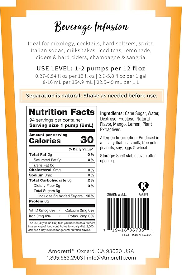 Amoretti - Mango Lemonade Beverage Infusion Drink Mix & Water Enhancer with Pump for Flavoring Cocktails, Waters, Teas, and other Beverages, 94 Servings Per Bottle (750 ml), Preservative Free
