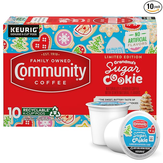 Community Coffee Grandma's Sugar Cookie Keurig K-Cup Pods, Limited Edition Holiday Flavor, Natural Ingredients, 10 Count (Pack of 1)