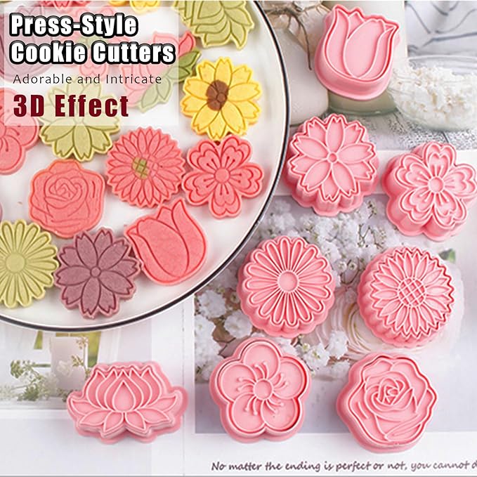 8 Pcs Flower Cookie Cutters Set Baking Molds 3D Flower Press type Cookie Cutter for Baking, Fondant, Cheese, and Pastries