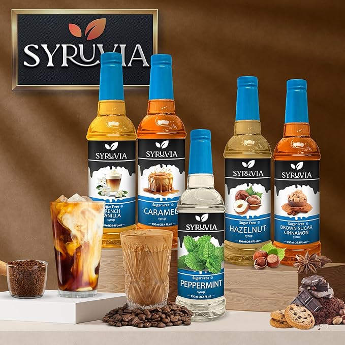 Syruvia Sugar Free Coffee Syrup, Caramel Flavored Syrup for Drinks, Lattes, and Desserts – 25.4 fl oz, With Pump