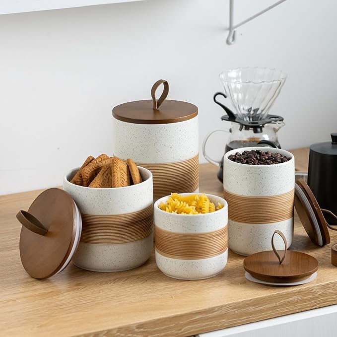 Large Storage Containers with Lids, Ceramic Coffee Container Kitchen Food Storage Jars for Spice Sugar Tea Bag, Stackable Decorative Jars for Counter, White & 61oz