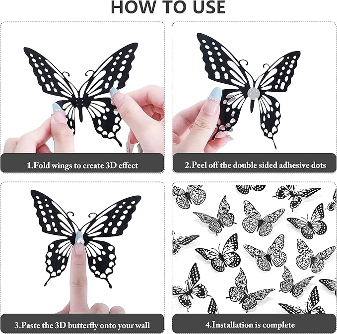 SAOROPEB 3D Butterfly Wall Decor 48 Pcs 4 Styles 3 Sizes, Gold Butterfly Decorations for Butterfly Birthday Decorations Butterfly Party Decorations Cake Decorations, Removable Stickers (Black)