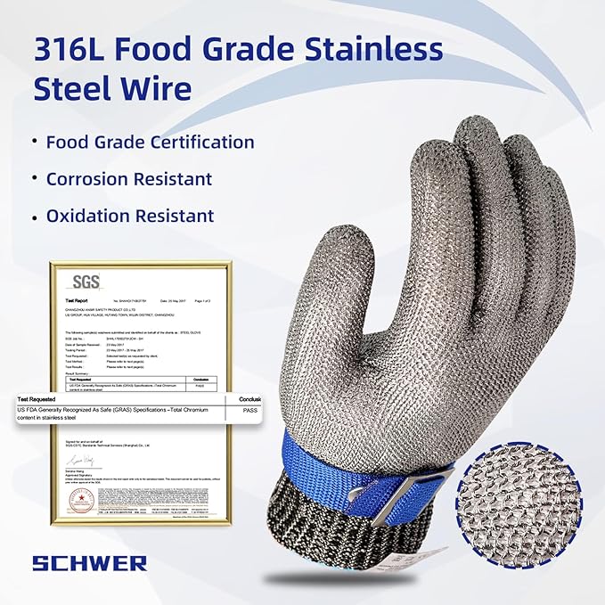 Schwer SlicePro ANSI A9 Cut Resistant Glove PR1706, Stainless Steel Mesh Metal Glove, Food Grade for Kitchen Cooking, Butcher Meat Cutting, Oyster Shucking, Mandoline, Non-PFAS (S, 1 PCS)