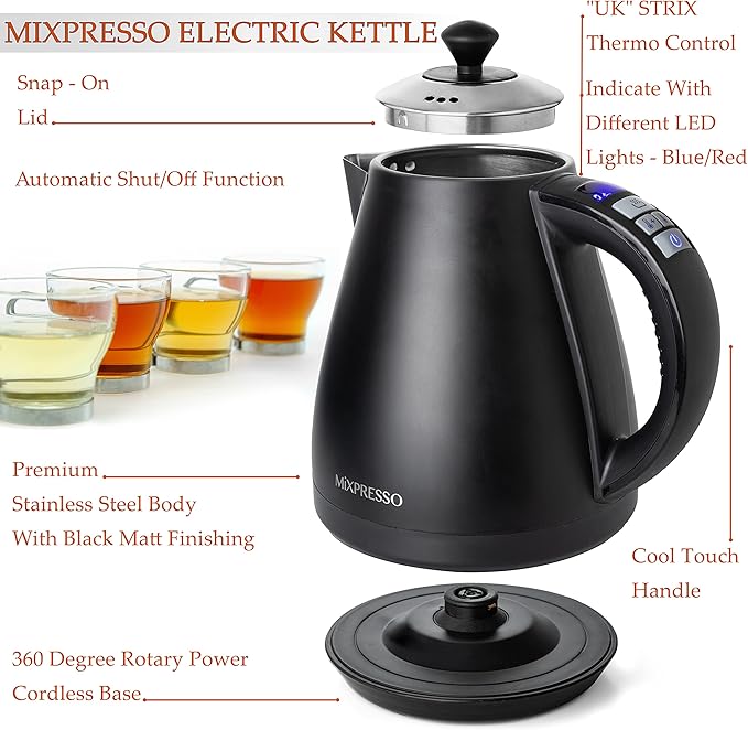 Mixpresso Electric Kettle Temperature Control, Hot Water Kettle Electric, Cordless 1 Liter Capacity, Keep Warm & Led Indicator, Auto-Shutoff, Boil-Dry Protection, Black Electric Kettle