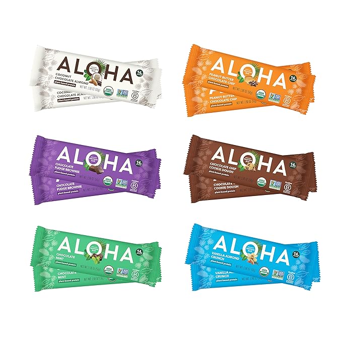 ALOHA Organic Plant Based Protein Bars - 6 Flavor Variety Pack - 12 Count, 1.9oz Bars - Vegan Snacks, Low Sugar, Gluten-Free, Low Carb, Paleo, Non-GMO, Stevia-Free, No Sugar Alcohol Sweeteners