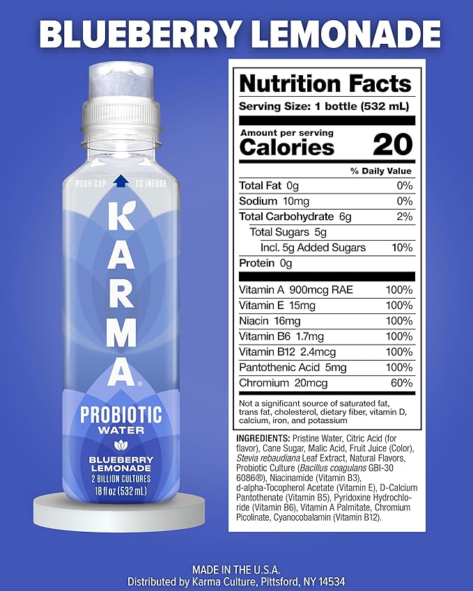 Karma Probiotic Water - 12 Pack, Blueberry Lemonade Drink - Immune & Gut Health Support