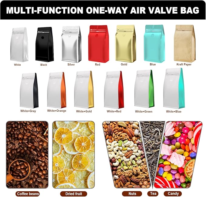 Coffee Bags with Valve(60pcs,16 oz,1 lb) Vented Coffee Beans Packaging Bags High Barrier Aluminumed Foil Flat Bottom Heat Sealed Side Zipper Resealable Storage Bag for Home or Business（White+Red）