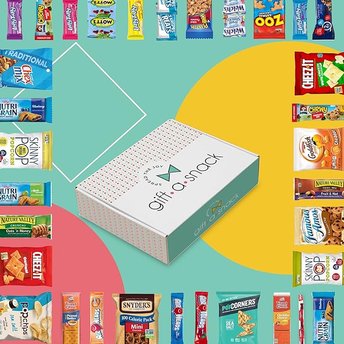Gift A Snack - Thanksgiving, Holiday, Christmas Stocking Stuffer Snack Box Variety Pack Care Package + Greeting Card (50 Count) Birthday Sweet Treats Gift Basket, Candies Chips Crackers Bars