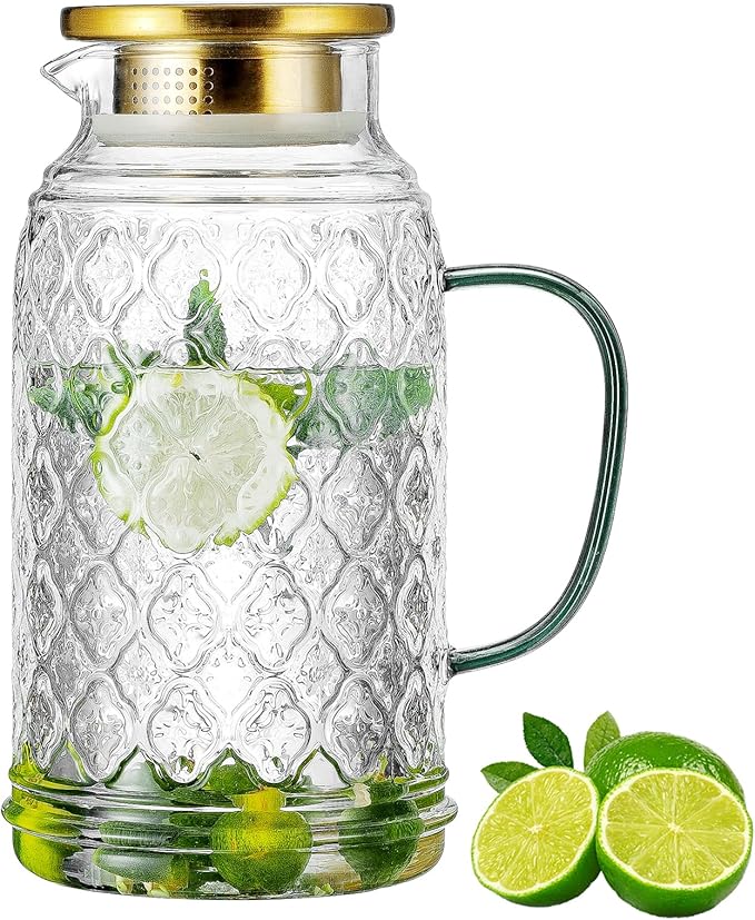 Glass Pitcher with Lid, 68 oz/2 Liter Vintage Water Pitcher, Clear Borosilicate Glass Water Carafe for Cold Brew, Coffee, Lemonade, Iced Tea, Juice, Beverage, Heat Resistant Water Glass Jug