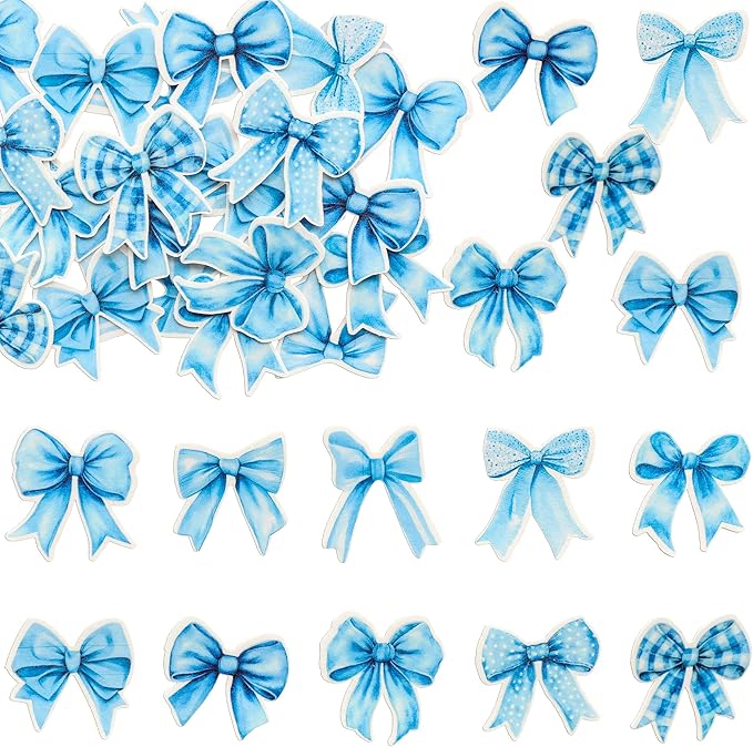 Gyufise 50Pcs Edible Blue Bowknot Cupcake Toppers Wafer Paper Bowknot Cake Dessert Picks Baby Shower Princess Cupcake Toppers for Birthday Party Decoration Supplies
