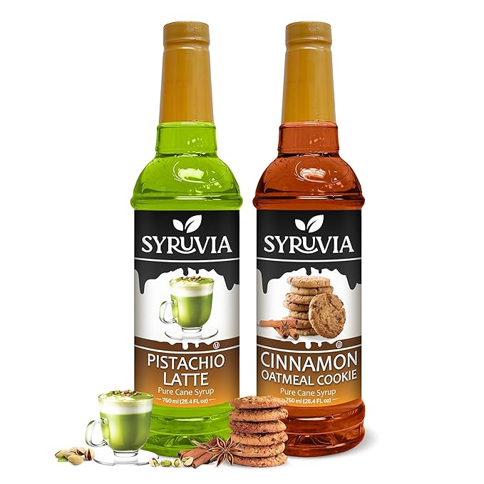 Syruvia Pistachio Latte Syrup & Cinnamon Oatmeal Cookie Syrup - 25.4 fl oz. Premium Coffee Flavoring Syrup. Kosher, & Gluten-Free. Perfect for Enhancing Drinks, Smoothies, Shakes, Desserts, & More.