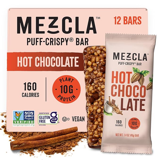 Mezcla Puff Crispy Protein Bars, Gluten Free & Vegan Protein Bars, 10g Protein, Alt for Crispy Rice Treat, Granola Bars & Breakfast Bars, Healthy Snacks for Adults, Hot Chocolate, 12 Pack