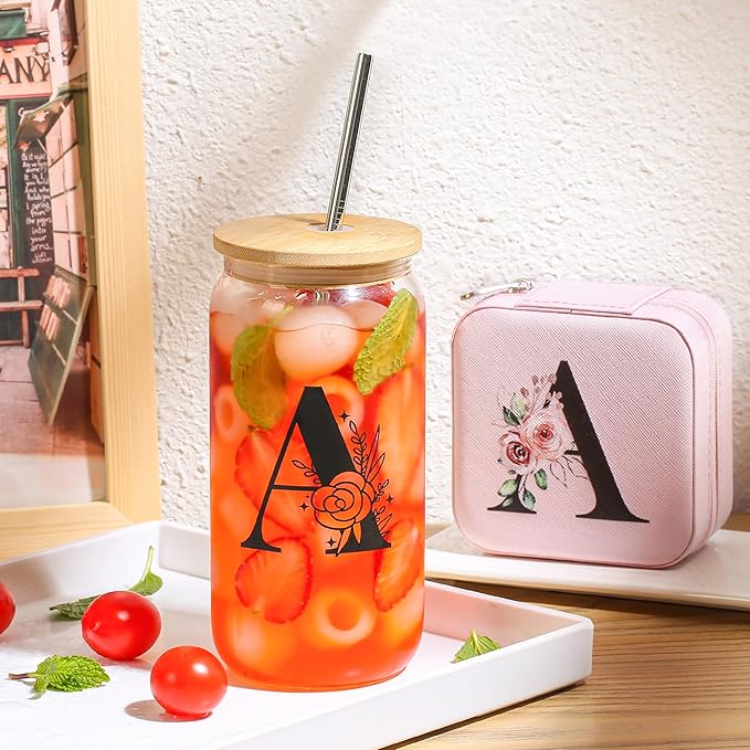 AYGXU Birthday Gifts for Women - Drinking Glass with Bamboo Lids and Straw, Iced Coffee Travel Jewelry Case, Small Jewelry Organizer Box, Initial X Pink