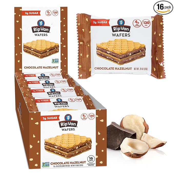 Rip Van Chocolate Hazelnut Wafer Cookies, Keto, Non-GMO, Healthy Snacks, Low Carb & Low Sugar (2g), Low Calorie, Vegan, 16 Count