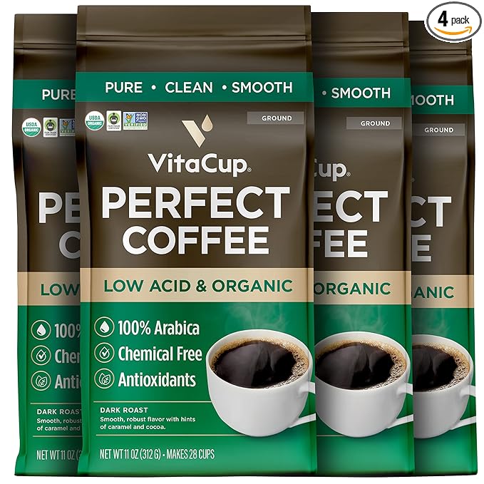 VitaCup Perfect Low Acid Coffee Ground, USDA Organic & Fair Trade, Mycotoxin Free, Dark Roast Guatemala Single Origin, Clean & Pure for Drip Coffee Brewers and French Press, 4 bags, 11oz each