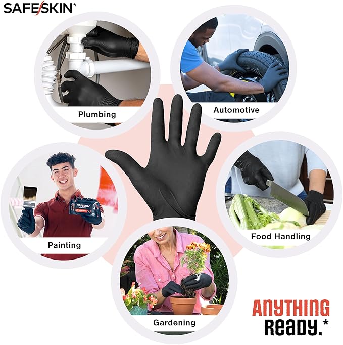 SAFESKIN Heavy Duty Nitrile Disposable Latex Free Gloves (40/160/1600 packs), Black Gloves for Food Prep, Cleaning, Mechanic