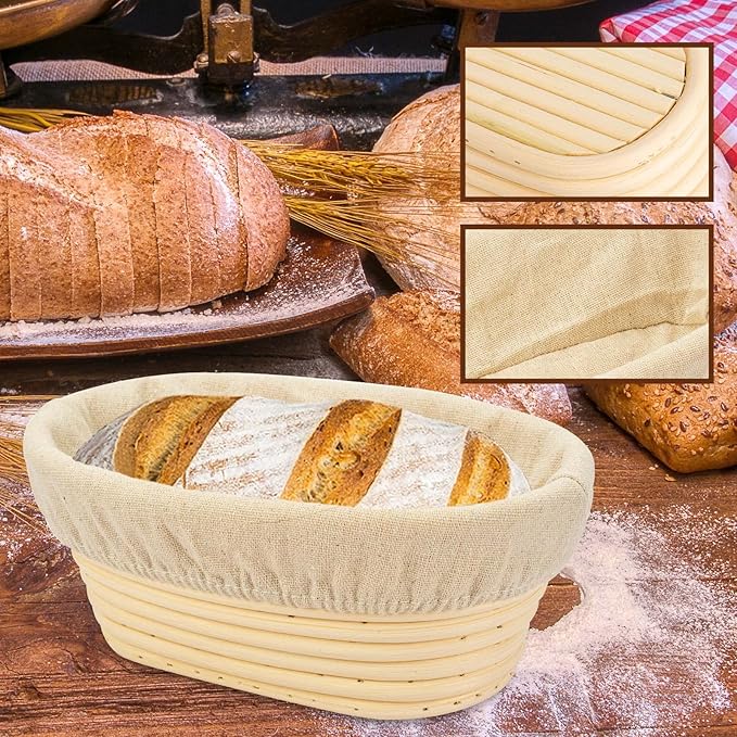 2 PCS 10 inch Oval Long Banneton Brotform Bread Dough Proofing Rising Rattan Basket & Liner for Professional & Home Bakers