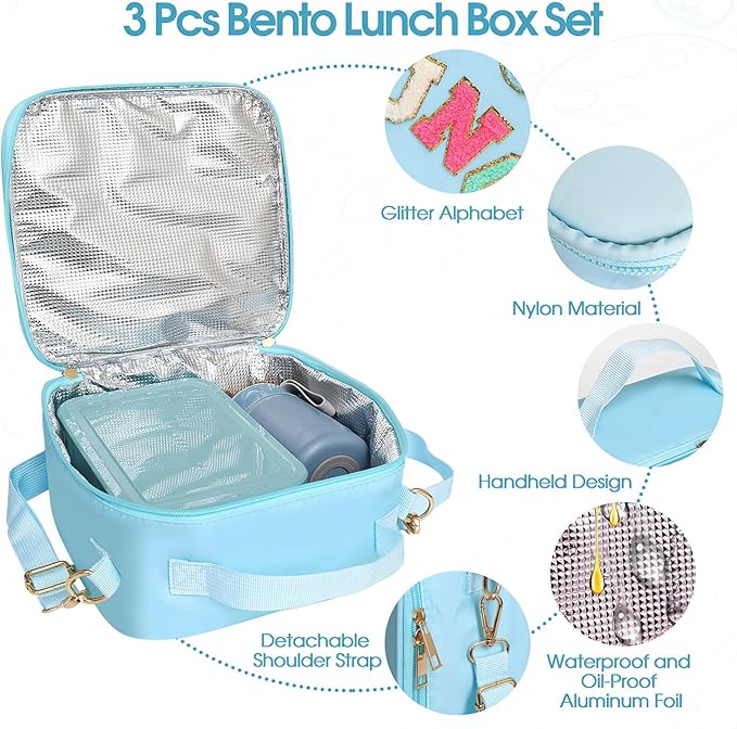 Kids Lunch Bag with 10oz Thermos, with 6 Compartment Bento Box, Blue Nylon Insulated Preppy Lunch Box Adjustable Strap Birthday Gift for Girl Kids Teens Picnic School Travel