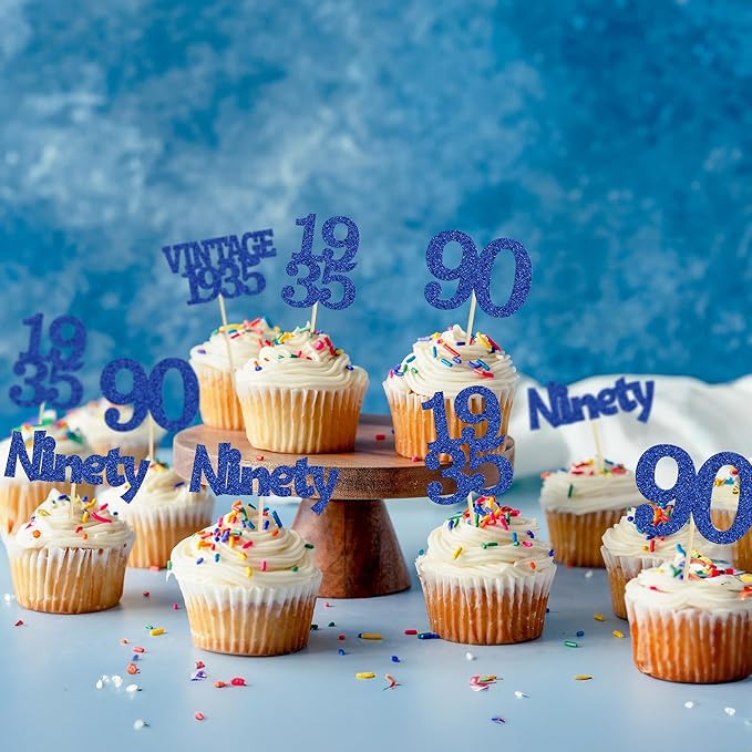 Gyufise 24Pcs Vintage 1935 Cupcake Toppers Glitter Cheers to 90 Fabulous Ninety Cupcake Picks 90th Birthday Wedding Anniversary Party Cake Decorations Supplies Deep Blue