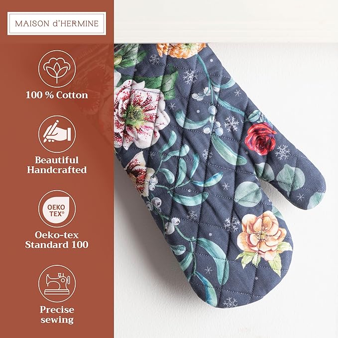 Maison d' Hermine Oven Gloves 100% Cotton Oven Mitt 7" x 13" with Loop Heat Resistant, BBQ, Cooking Gloves, Baking, Grilling, Kitchen, Handling Hot Pans (Pack of 1, Christmas Joy)