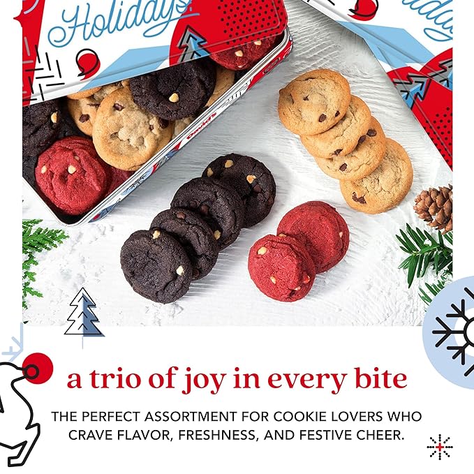David's Cookies Christmas Cookies Gift Box - Fresh Baked Assorted Mini Cookies in Winterwonderland Tin with Chocolate Chip, White Chocolate Chip & Red Velvet - Gourmet Holiday Food Gift Basket