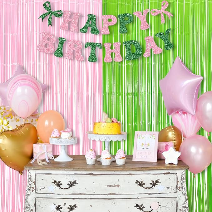 BRAVESHINE Party Streamers Backdrop - 2 Pack 3.2ft X 8.2ft Tinsel Foil Fringe Curtains for Halloween/Boo/Fairy/Girl Birthdays/Wizard/Baby Shower/Photos Booths/Pink and Green Party Decorations