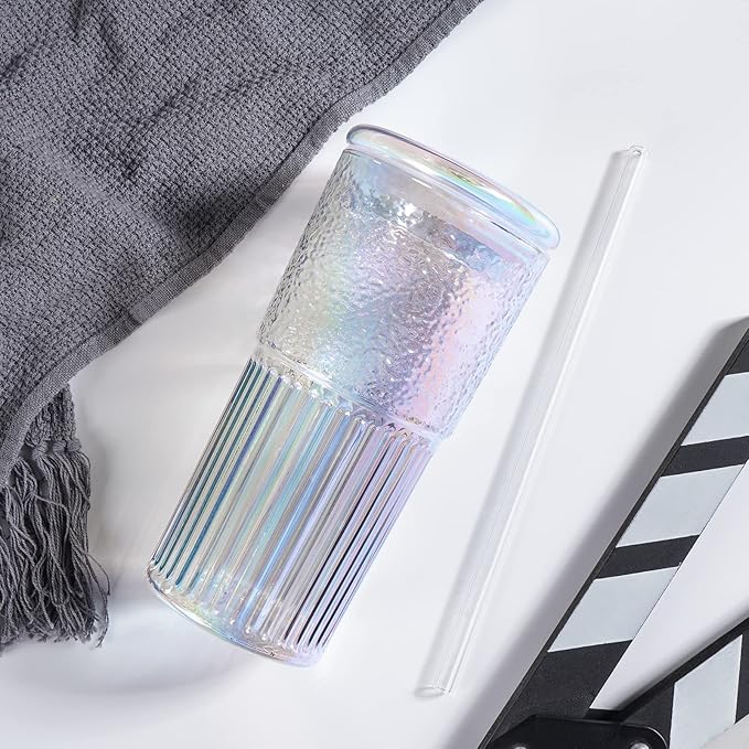 Colorful High Borosilicate Glass Cups With Lids and Glass Straws，20 OZ Rainbow Iced Coffee Water Tumbler Smoothie