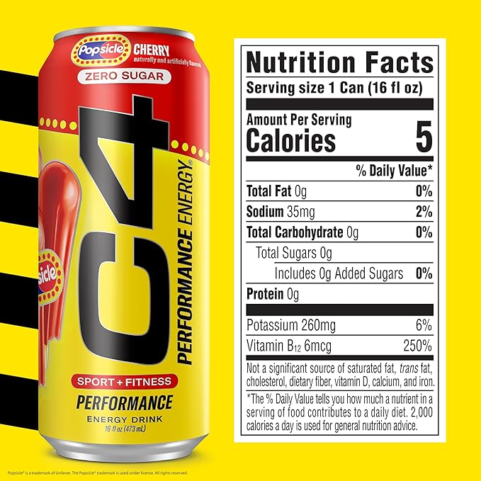 Cellucor C4 Energy Drink Cherry, Carbonated Sugar Free Pre Workout Performance Drink with no Artificial Colors or Dyes, 16 Oz, Pack of 24