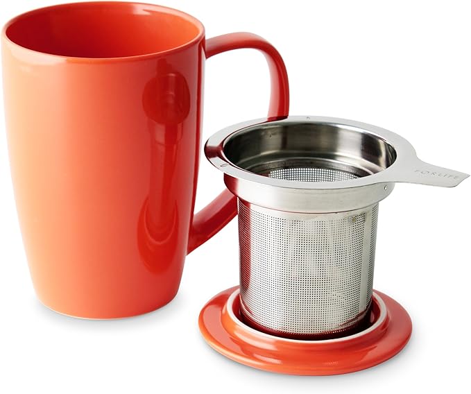 FORLIFE Curve Tall Tea Mug with Infuser and Lid 15 ounces, Carrot