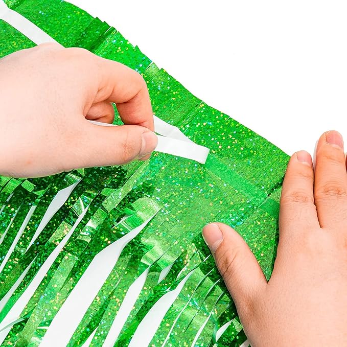 BRAVESHINE Green Metallic Tinsel Foil Fringe Curtains - 2 Pack 3.2 x 8.2 ft Metallic Photo Backdrop for Graduates-Theme/St Patricks Day/Hawaiian/Luau/Dinosaur/Jungle-Theme/Christmas Party Decorations