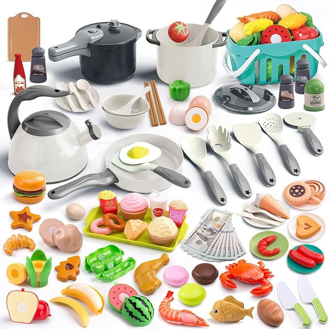 130Pcs Kitchen Playset, Toddler Pretend Cooking Play Pots, Pans, Utensils Cookware, Daily Food Fruit Veges, Shopping Storage Basket, Dessert, Prop Money, Learning Gift for Child (White)