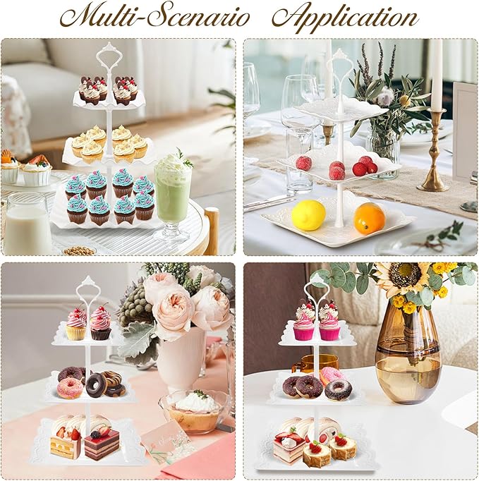 3 Tier Cupcake Stand, Durable Plastic 3 Tier Serving Tray for Cupcake, Fruit, Chocolate, Cookies, Square White Embossed Tiered Tray Stand for Wedding, Baby Shower, Party