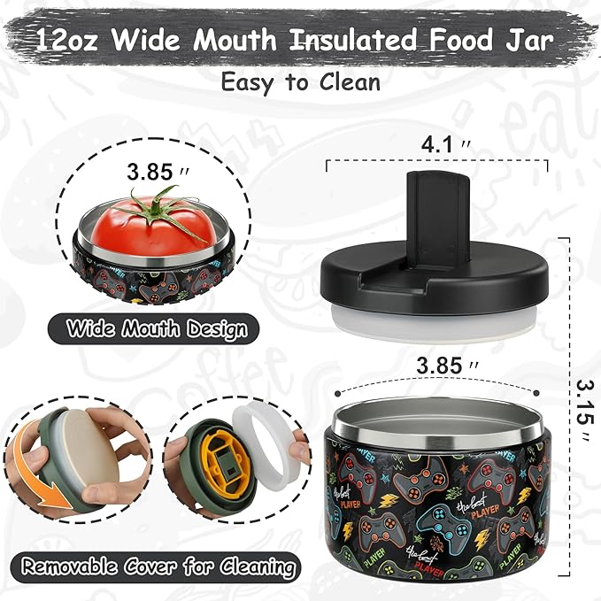 12oz Insulated Vacuum Food Jar with Buckle Lid Wide Mouth Soup Thermo for Hot Food Kids Leakproof Stainless Steel Lunch Container (Black-Game)